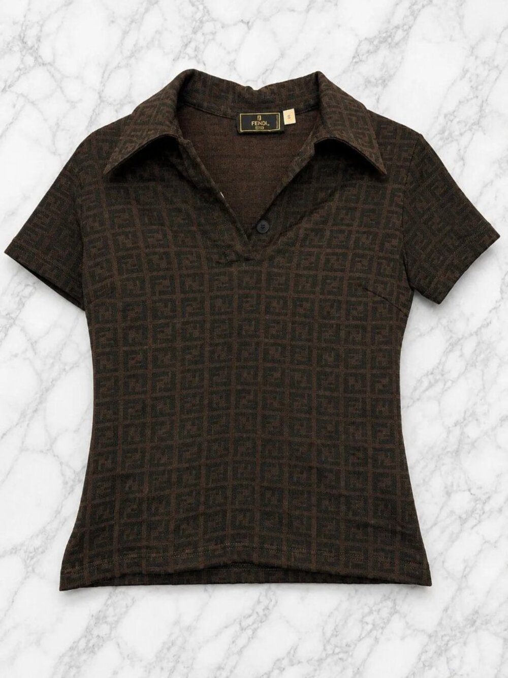 Vintage Fendi FF Zucca Monogram Brown Polo Shirt Top Size 40 Y2K Italy